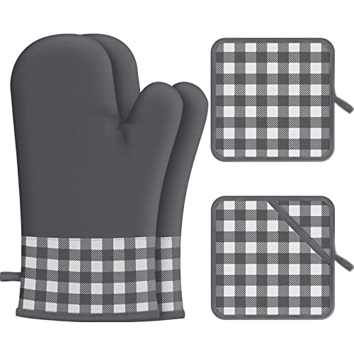 Oven Mitts and Pot Holders 4 Piece Heat Resistant Thick Cotton Oven Mitts Comfortable Cotton Oven Gloves for Cooking Baking and Grilling Grey Plaid